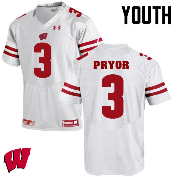 Wisconsin Badgers Youth #3 Kendric Pryor NCAA Under Armour Authentic White College Stitched Football Jersey FW40L56MN